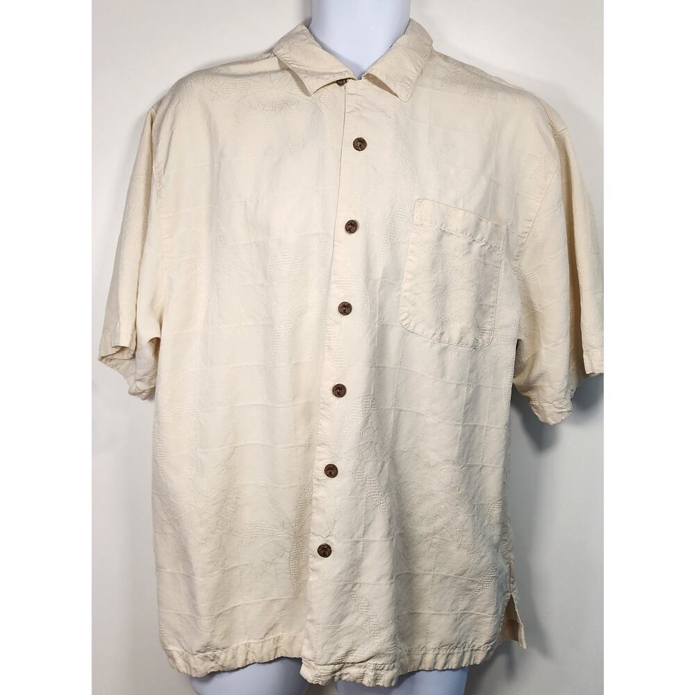 VTG Jamaica Jaxx 100% Silk Jacquard Shirt Men's L Beige Short Sleeve Button Up